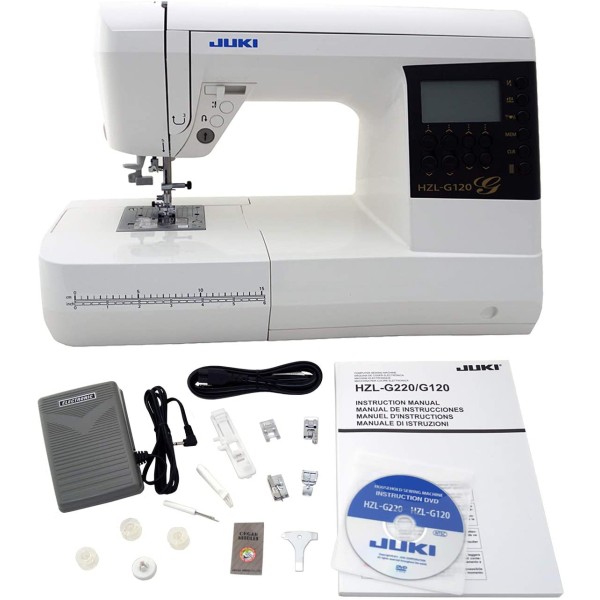 Masina de cusut casnica, controlata de computer, cu afisaj LCD luminos si 180 de modele, inclusiv un font de litere Juki HZL-G120