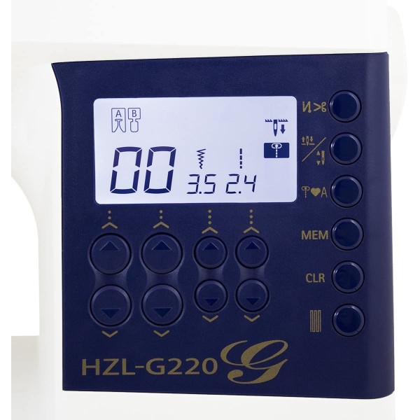 Masina de cusut de uz casnic, controlata de computer, cu afisaj LCD luminos, functie de taiere automata a firului si 180 de modele, inclusiv un font de litere. JUKI HZL-G220