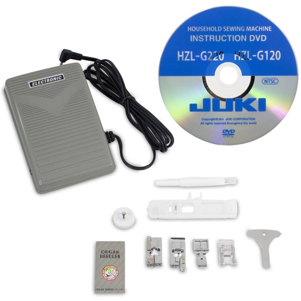 Masina de cusut de uz casnic, controlata de computer, cu afisaj LCD luminos, functie de taiere automata a firului si 180 de modele, inclusiv un font de litere. JUKI HZL-G220