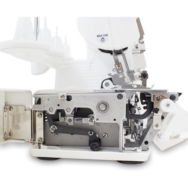 Masina de surfilat casnica tesaturi normale, elastice, cât si tricotate 2 ace 4 fire, dispozitiv infilare graifer inferior JUKI MO-114D